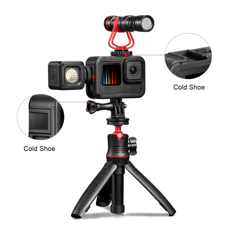 กรงติดตั้งกรอบ PA ชาร์จไฟได้พร้อมช่องฐาน Cold Shoe สำหรับ GoPro HERO13 Black /12 Black /11 Black /11 Black Mini /10 Black /9 Black, กรงติดตั้งกรอบ PA ชาร์จไฟได้