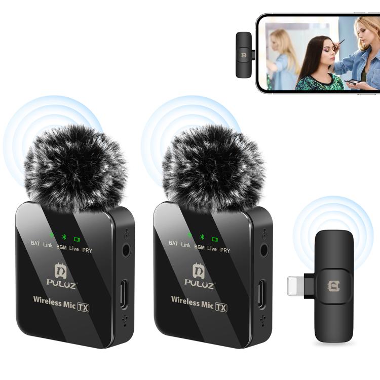 ไมโครโฟนไร้สาย PULUZ แบบ Lavalier สำหรับ iPhone / iPad, ตัวรับสัญญาณ 8 พิน และไมโครโฟนคู่, 8 พิน 2 TX + 1 RX