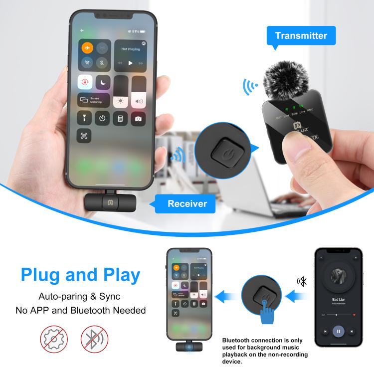 ไมโครโฟนไร้สาย PULUZ แบบ Lavalier สำหรับ iPhone / iPad, ตัวรับสัญญาณ 8 พิน และไมโครโฟนคู่, 8 พิน 2 TX + 1 RX