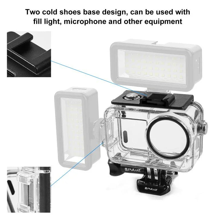 สำหรับ DJI Osmo Action 5 Pro / 3 / 4 เคสกันน้ำใต้น้ำ PULUZ 60 ม. พร้อม Cold Shoe และตัวยึดพื้นฐานพร้อมสกรู, สำหรับ DJI Osmo Action 3 / 4 เคสกันน้ำ