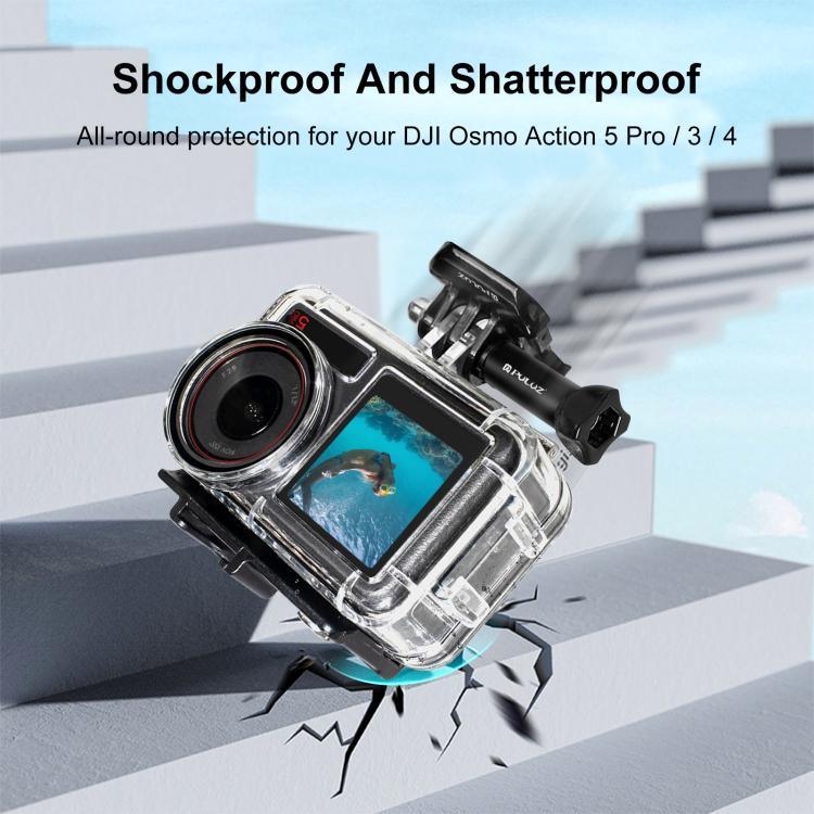 สำหรับ DJI Osmo Action 5 Pro / 3 / 4 เคสกันน้ำใต้น้ำ PULUZ 60 ม. พร้อม Cold Shoe และตัวยึดพื้นฐานพร้อมสกรู, สำหรับ DJI Osmo Action 3 / 4 เคสกันน้ำ