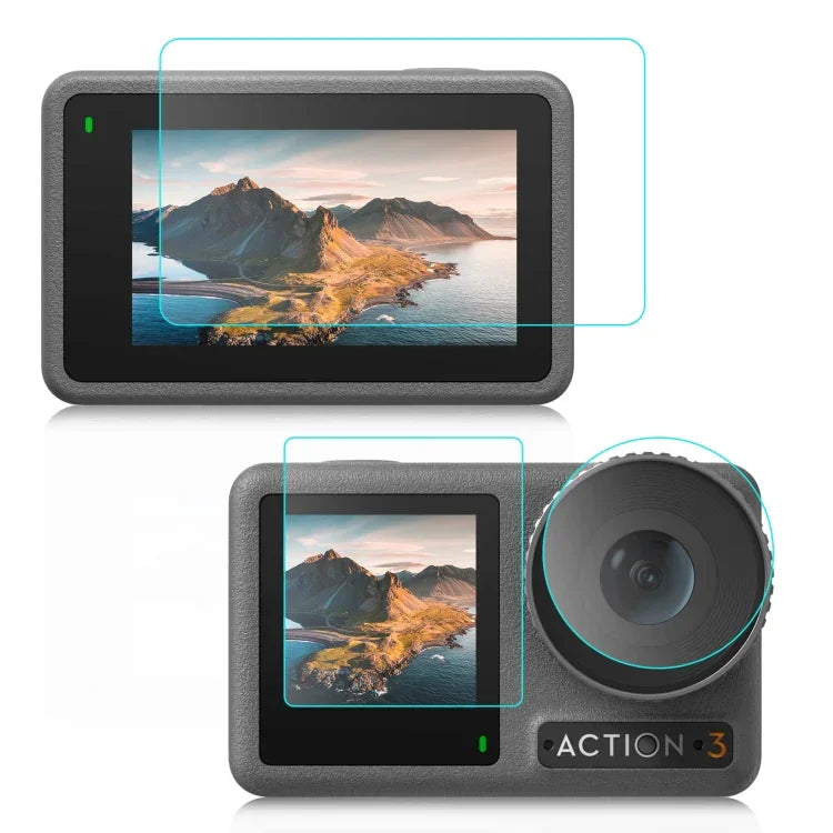 สำหรับ DJI Osmo Action 3 ฟิล์มกระจกนิรภัยกันระเบิดเลนส์หน้าและหลัง 3-in-1 PULUZ สำหรับ DJI Osmo Action 3