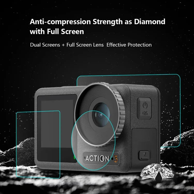สำหรับ DJI Osmo Action 3 ฟิล์มกระจกนิรภัยกันระเบิดเลนส์หน้าและหลัง 3-in-1 PULUZ สำหรับ DJI Osmo Action 3