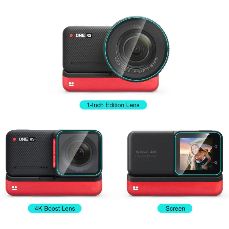 สำหรับ Insta360 One RS PULUZ ฟิล์มกระจกนิรภัย 3 in 1 หน้าจอ + เลนส์ 4K + เลนส์ Leica, สำหรับ Insta360 One RS