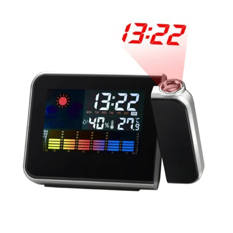 นาฬิกาปลุกดิจิทัลจอ LCD สีพร้อมโปรเจคเตอร์ LED และสถานีอากาศ / อุณหภูมิ / ความชื้น / ปฏิทิน นาฬิกาปลุกโปรเจคเตอร์ LED
