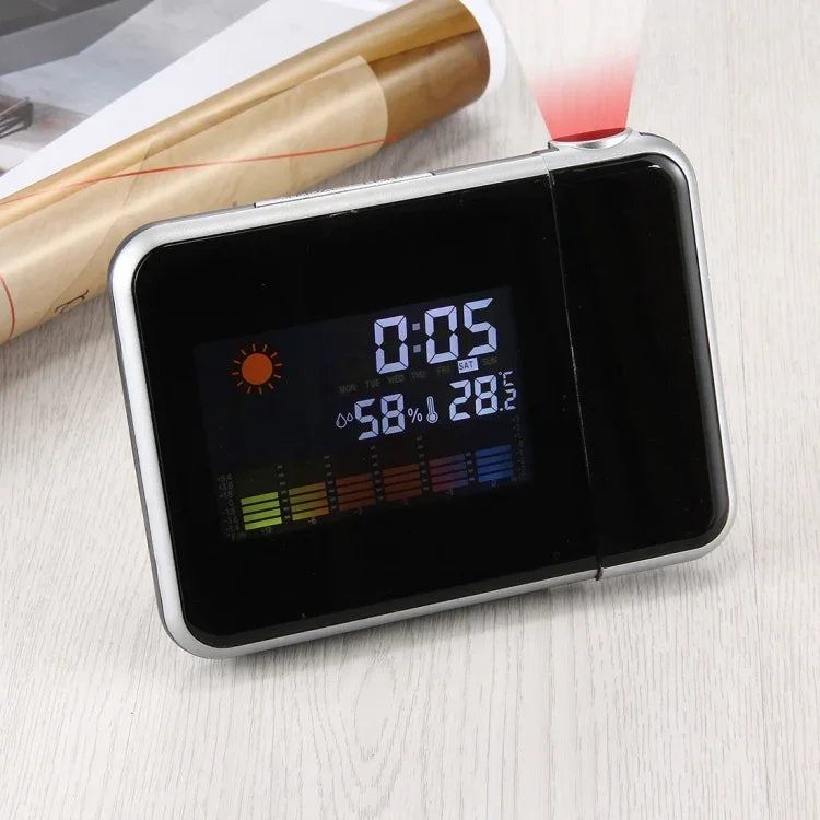 นาฬิกาปลุกดิจิทัลจอ LCD สีพร้อมโปรเจคเตอร์ LED และสถานีอากาศ / อุณหภูมิ / ความชื้น / ปฏิทิน นาฬิกาปลุกโปรเจคเตอร์ LED