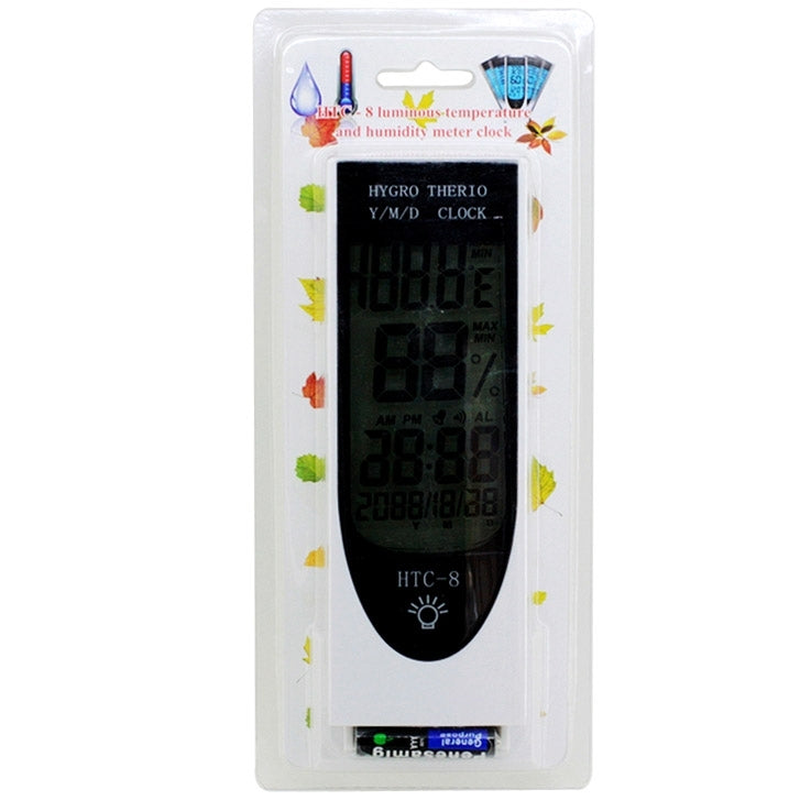 เครื่องวัดอุณหภูมิและความชื้นดิจิทัล HTC-8 พร้อมไฟ LED LCD เรืองแสง, มีสัญญาณเตือน / วันที่ / นาฬิกา / ปฏิทิน, รุ่น HTC-8