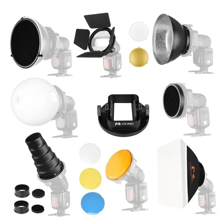 ชุดอุปกรณ์เสริมแฟลช Falcon Eyes SG-100, ขาตั้งอะแดปเตอร์สากล / บานประตู / สโน๊ต / รังผึ้ง / รีเฟลกเตอร์มาตรฐาน / รังผึ้งสำหรับรีเฟลกเตอร์นุ่ม / ลูกกระจายแสง / เจลสี / ซอฟต์บ็อกซ์