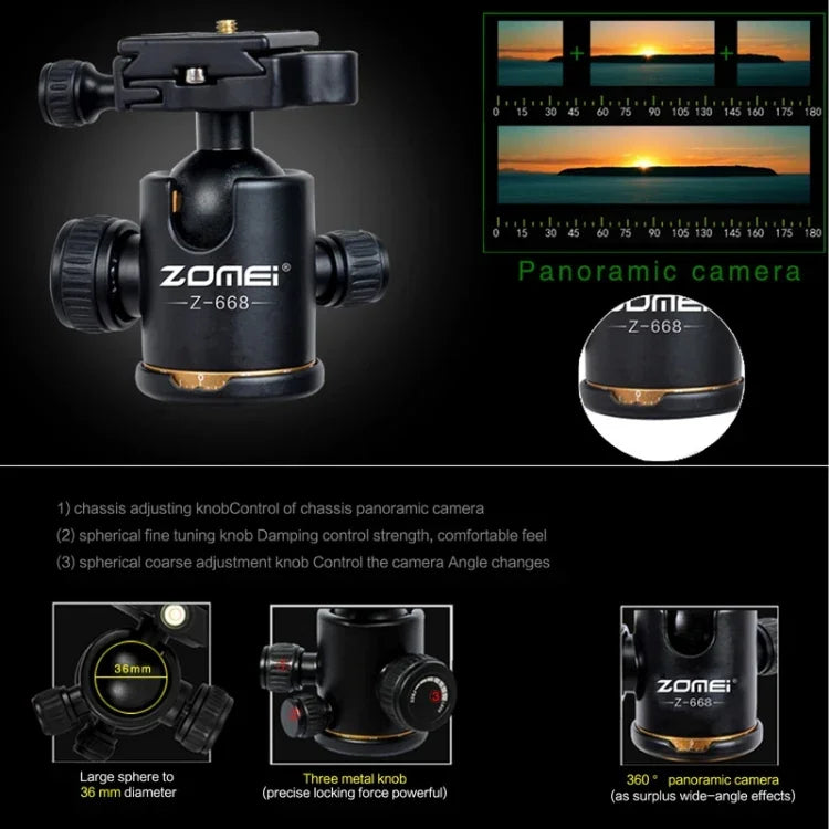 ZOMEI Z688 ขาตั้งกล้องแบบพกพามืออาชีพวัสดุแมกนีเซียมอัลลอยด์ พร้อมหัวบอล สำหรับกล้องดิจิทัล, Z688