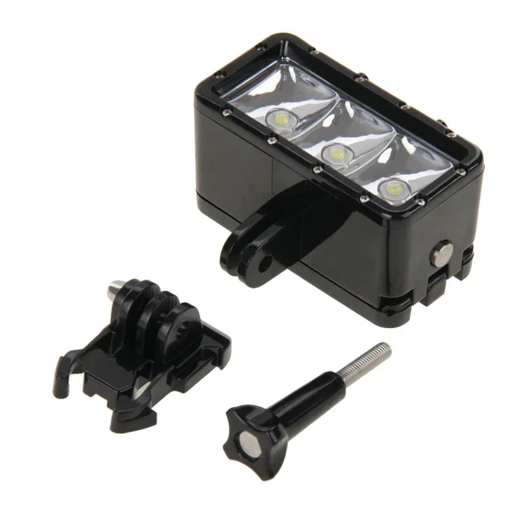 ไฟวิดีโอกันน้ำ 30 เมตร 3 โหมด พร้อมฐานยึดและสกรูสำหรับ GoPro, Insta360, DJI และกล้องแอคชั่นอื่นๆ, กันน้ำ 30 เมตร