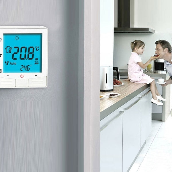 เทอร์โมสตัทตั้งโปรแกรมได้สำหรับห้องแอร์แบบ 2 ท่อ พร้อมจอ LCD สำหรับชุดพัดลมคอยล์