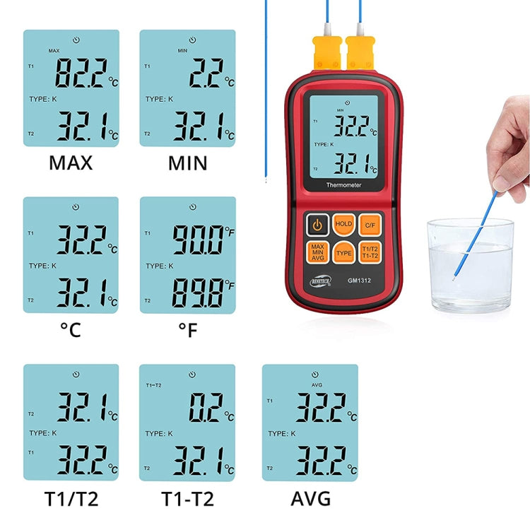 เครื่องวัดอุณหภูมิเทอร์โมคัปเปิล BENETECH GM1312 หน้าจอ LCD 2.4 นิ้ว วัดได้ J, K, T, E, N และ R ช่วงวัด -50 ถึง 300 องศาเซลเซียส