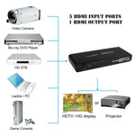 สวิตช์ HDMI 5 พอร์ต Full HD 1080P พร้อมสวิตช์และรีโมท รุ่น 1.3 (5 พอร์ต HDMI เข้า 1 พอร์ต HDMI ออก) รุ่น 1.3