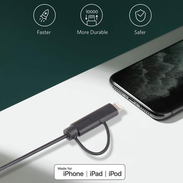 สายชาร์จและซิงค์ข้อมูล 1 เมตร MFI 2 in 1 8 pin + Micro USB 2.0 ตัวผู้ไปยัง USB