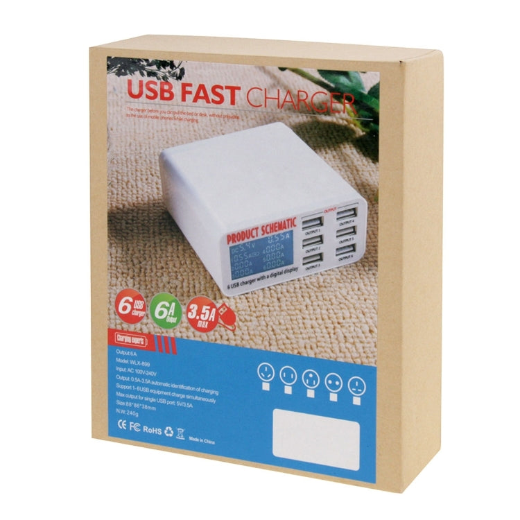 ที่ชาร์จ USB WLX-899 30W 5V 6A เอาต์พุตสูงสุด 3.5A ชาร์จเร็ว 6 พอร์ต พร้อมจอแสดงผลดิจิทัลและสายยาว 1.5 เมตร รุ่น WLX-899