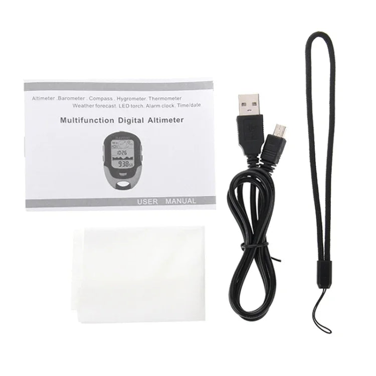 เครื่องวัดความสูงดิจิทัล LCD SUNROAD อเนกประสงค์ พร้อมเข็มทิศ บารอมิเตอร์ เทอร์โมมิเตอร์ ไฮโกรมิเตอร์ พยากรณ์อากาศ ไฟฉาย LED และนาฬิกา อเนกประสงค์
