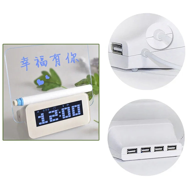 นาฬิกาปลุกดิจิทัล LCD อเนกประสงค์ พร้อมเทอร์โมมิเตอร์ + HUB USB 4 พอร์ต + กระดานข้อความพร้อมไฟพื้นหลัง LCD สีน้ำเงินหรือสีเขียว, กระดานข้อความ USB