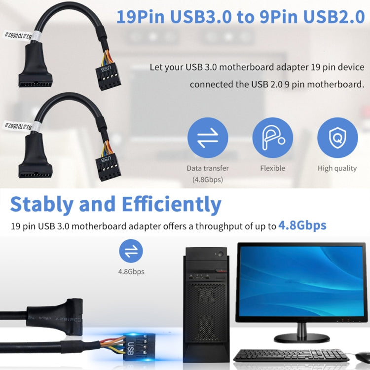สายอะแดปเตอร์ USB 2.0 9 พิน ตัวเมียสำหรับเมนบอร์ด เป็น USB 3.0 19 พิน ตัวผู้ ความยาว 15 ซม., 9 พิน ตัวเมียเป็น 19 พิน ตัวผู้