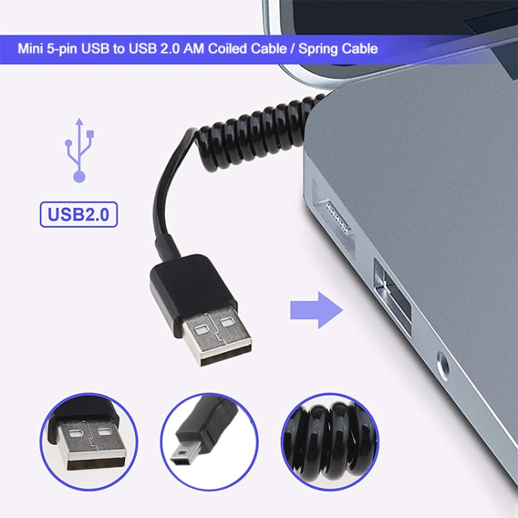 สายเคเบิล USB 5 พิน แบบมินิเป็น USB 2.0 AM แบบขด / สายสปริง, ความยาว: 25 ซม. (ขยายได้ถึง 80 ซม.), มินิ USB เป็น USB AM, ความยาว: 80 ซม.