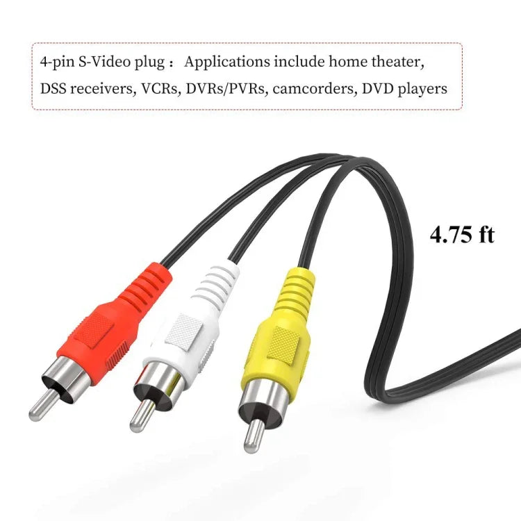 สายแปลง 4 พิน S-Video เป็น 3 RCA AV ตัวผู้สำหรับทีวี, ความยาว: 1.5M, S-Video เป็น AV 3RCA ตัวผู้
