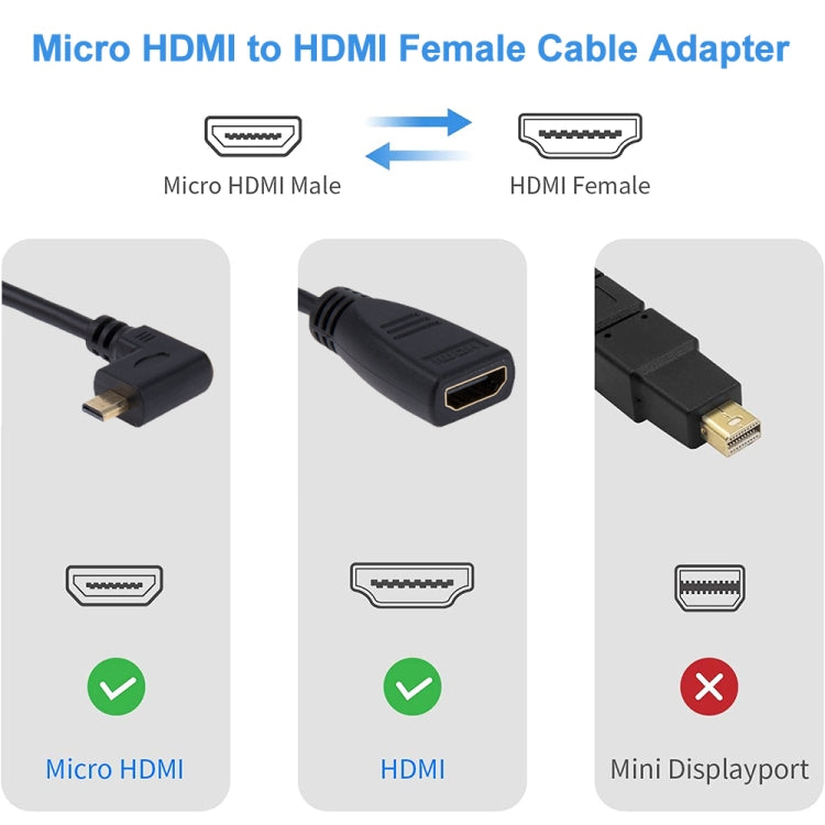 สายแปลง HDMI ขนาด 17 ซม. มุม 90 องศา แบบตัวผู้ Micro HDMI หันขวาไปยังตัวเมีย HDMI, มุมฉาก, ความยาว: 17 ซม.