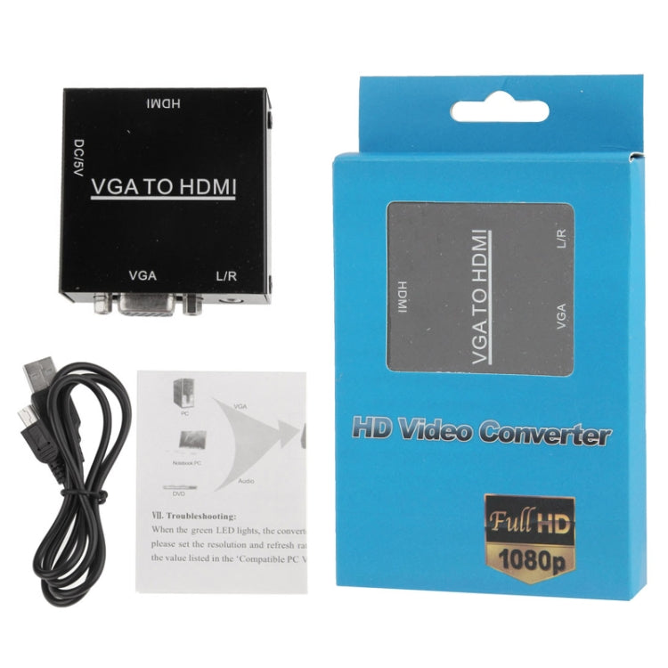 กล่องสเกลเลอร์ HDMI Mini VGA เป็น HDMI ความละเอียด HD 1080P พร้อมอะแดปเตอร์แปลงสัญญาณเสียงและวิดีโอดิจิทัล สำหรับ PC / HDTV, ความละเอียด HD 1080P