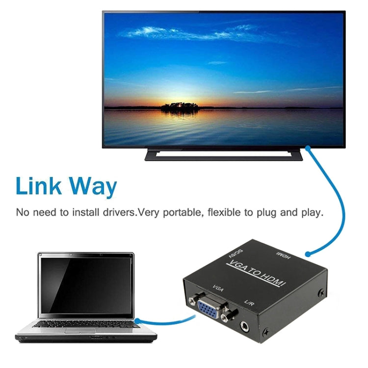 กล่องสเกลเลอร์ HDMI Mini VGA เป็น HDMI ความละเอียด HD 1080P พร้อมอะแดปเตอร์แปลงสัญญาณเสียงและวิดีโอดิจิทัล สำหรับ PC / HDTV, ความละเอียด HD 1080P