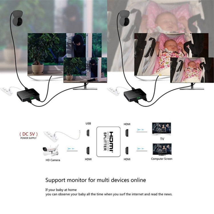 มินิ Full HD 4K ตัวแยกสัญญาณ HDMI 1x2 3D V1.4b สำหรับ HDTV / STB / DVD / โปรเจคเตอร์ / DVR, HDMI V1.4b