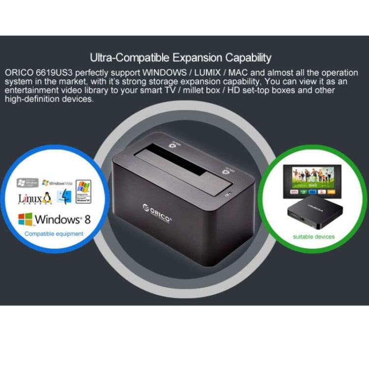 ORICO 6619US3 สถานีเชื่อมต่อฮาร์ดไดรฟ์ USB 3.0 ความเร็วสูง 5Gbps เป็น SATA สำหรับฮาร์ดไดรฟ์ 2.5 นิ้ว / 3.5 นิ้ว, รุ่น 6619US3