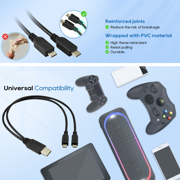 สาย USB 2.0 ตัวผู้ เป็นสาย Micro USB ตัวผู้ 2 เส้น ความยาวประมาณ 30cm, USB 2.0 AM เป็น 2 Micro USB