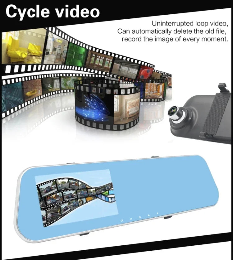 กล้องบันทึกภาพรถยนต์ความละเอียด Full HD 1080P จอแสดงผล 4.3 นิ้ว กล้องคู่ มุมมองกว้าง 140 องศา รองรับฟังก์ชันกลางคืน / ตรวจสอบการจอดรถ / บันทึกวนซ้ำ / ตรวจจับการเคลื่อนไหว / เซ็นเซอร์ G / การ์ด TF, 4.3 นิ้ว