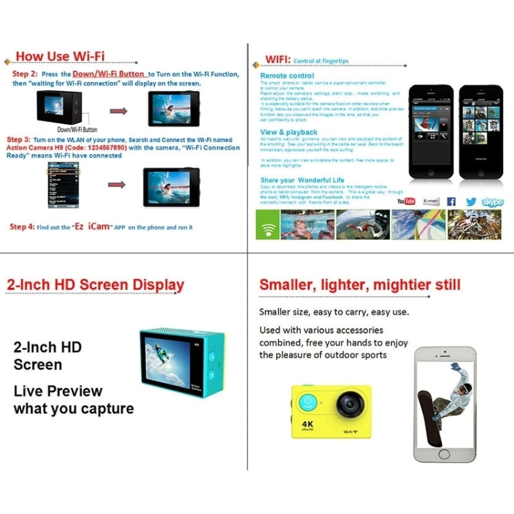 H9 กล้องกีฬา WiFi หน้าจอ LCD 2 นิ้ว 4K Ultra HD1080P 12MP, เลนส์มุมกว้าง 170 องศา, กันน้ำลึก 30 เมตร, H9 4K (สีดำ)