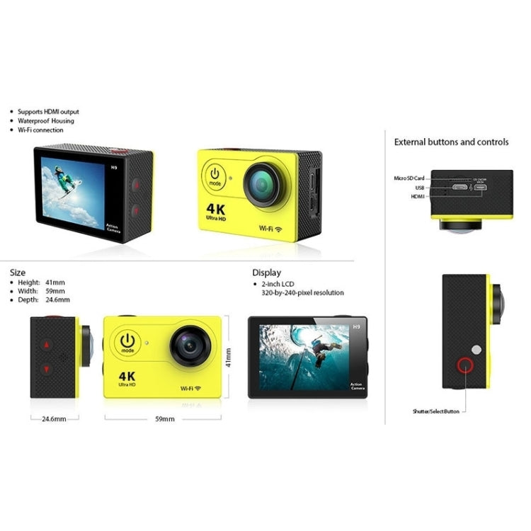 H9 กล้องกีฬา WiFi หน้าจอ LCD 2 นิ้ว 4K Ultra HD1080P 12MP, เลนส์มุมกว้าง 170 องศา, กันน้ำลึก 30 เมตร, H9 4K (สีดำ)