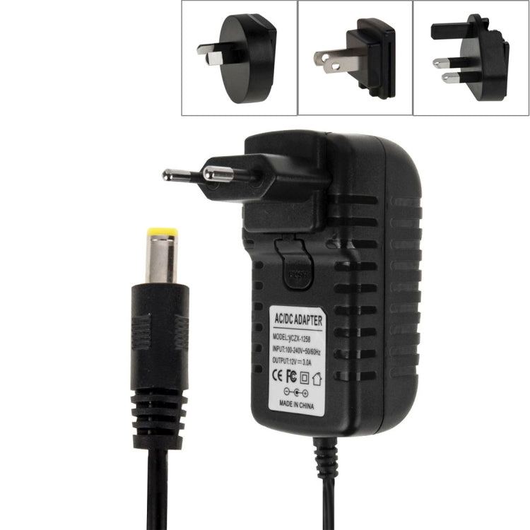 อะแดปเตอร์ไฟฟ้า 4 in 1 EU Plug + US Plug + UK Plug + AU Plug AC 100-240V เป็น DC 12V 3A, หัวเสียบ: 5.5 x 2.1 มม., ความยาวสาย: ประมาณ 1.2 ม., EU+US+UK+AU Plug