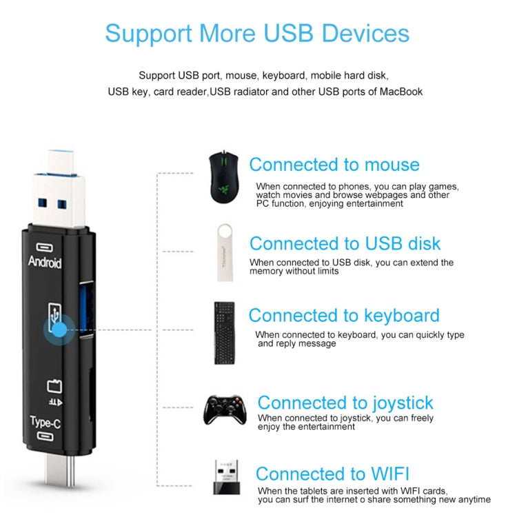 D-188 3 in 1 TF & USB เป็น Micro USB & Type-C Card Reader OTG Adapter Connector