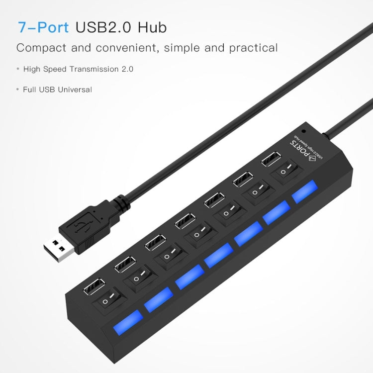 ฮับ USB 7 พอร์ต 2.0 ตัวแยก USB ความเร็วสูง 480Mbps พร้อมสวิตช์เปิด/ปิด / 7 ไฟ LED, 7 พอร์ต (สีขาว), 7 พอร์ต (สีดำ)