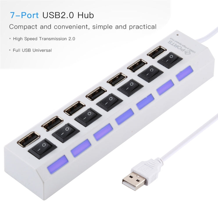 ฮับ USB 7 พอร์ต 2.0 ตัวแยก USB ความเร็วสูง 480Mbps พร้อมสวิตช์เปิด/ปิด / 7 ไฟ LED, 7 พอร์ต (สีขาว), 7 พอร์ต (สีดำ)