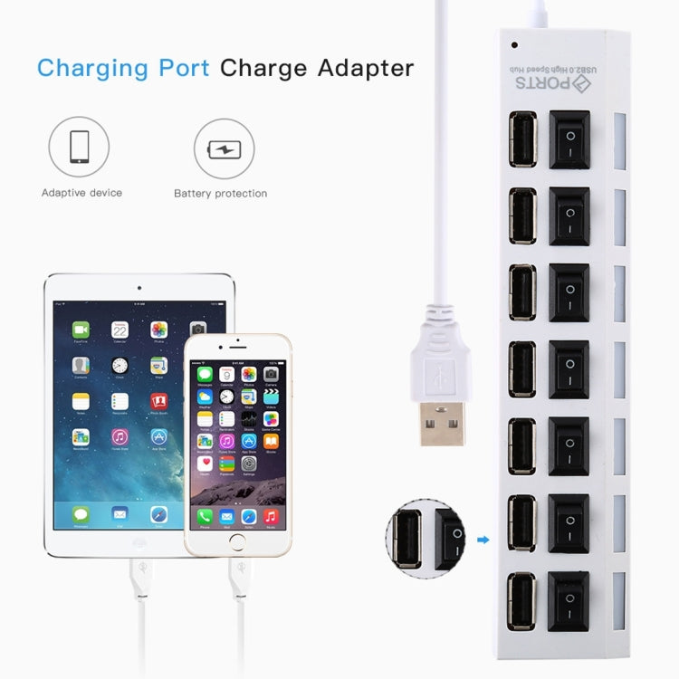 ฮับ USB 7 พอร์ต 2.0 ตัวแยก USB ความเร็วสูง 480Mbps พร้อมสวิตช์เปิด/ปิด / 7 ไฟ LED, 7 พอร์ต (สีขาว), 7 พอร์ต (สีดำ)