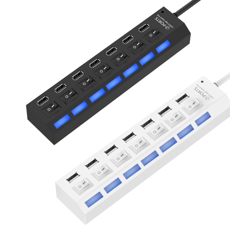 ฮับ USB 7 พอร์ต 2.0 ตัวแยก USB ความเร็วสูง 480Mbps พร้อมสวิตช์เปิด/ปิด / 7 ไฟ LED, 7 พอร์ต (สีขาว), 7 พอร์ต (สีดำ)