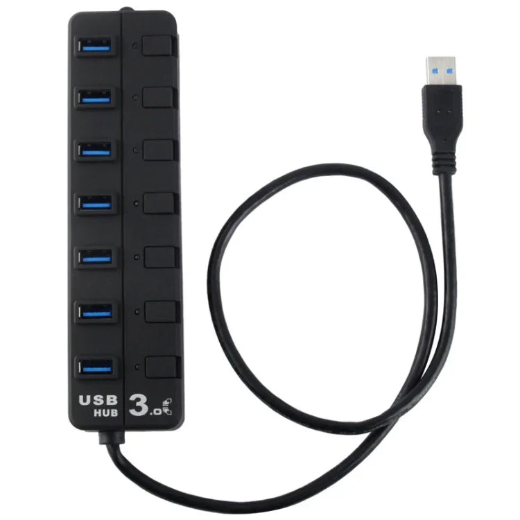 ฮับ USB 3.0 7 พอร์ต พร้อมสวิตช์แยกสำหรับแต่ละพอร์ตข้อมูล, 7 พอร์ต (สีดำ)