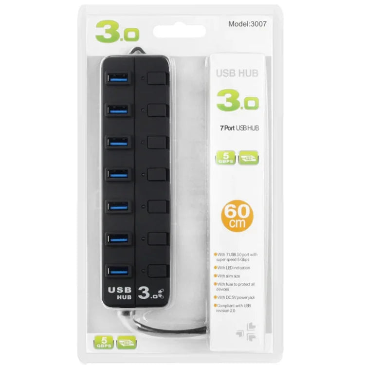 ฮับ USB 3.0 7 พอร์ต พร้อมสวิตช์แยกสำหรับแต่ละพอร์ตข้อมูล, 7 พอร์ต (สีดำ)
