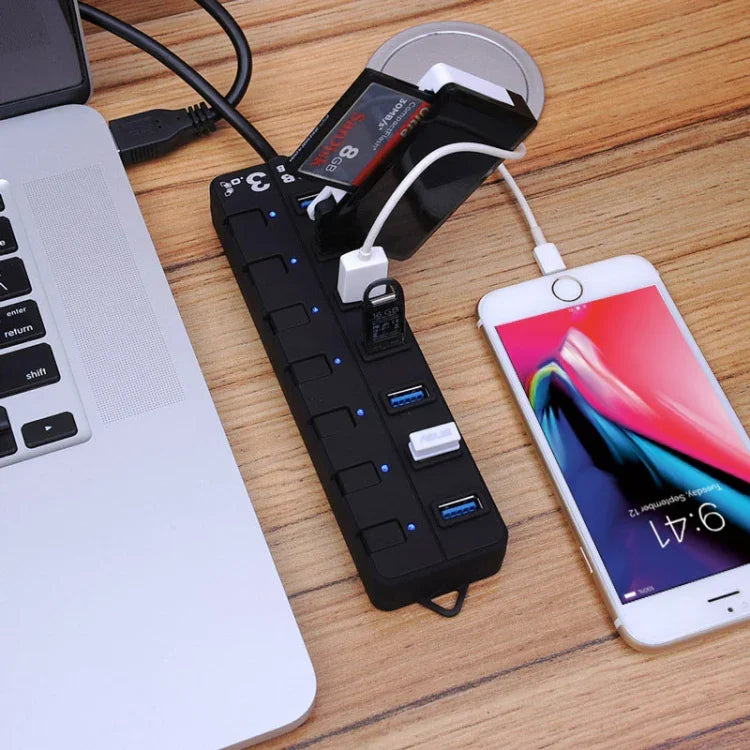 ฮับ USB 3.0 7 พอร์ต พร้อมสวิตช์แยกสำหรับแต่ละพอร์ตข้อมูล, 7 พอร์ต (สีดำ)