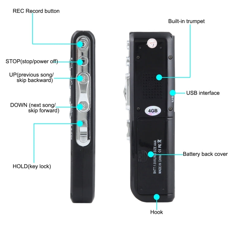เครื่องบันทึกเสียงดิจิทัล 4GB เครื่องบันทึกเสียงโทรศัพท์ ฟังก์ชัน VOX (สีดำ)