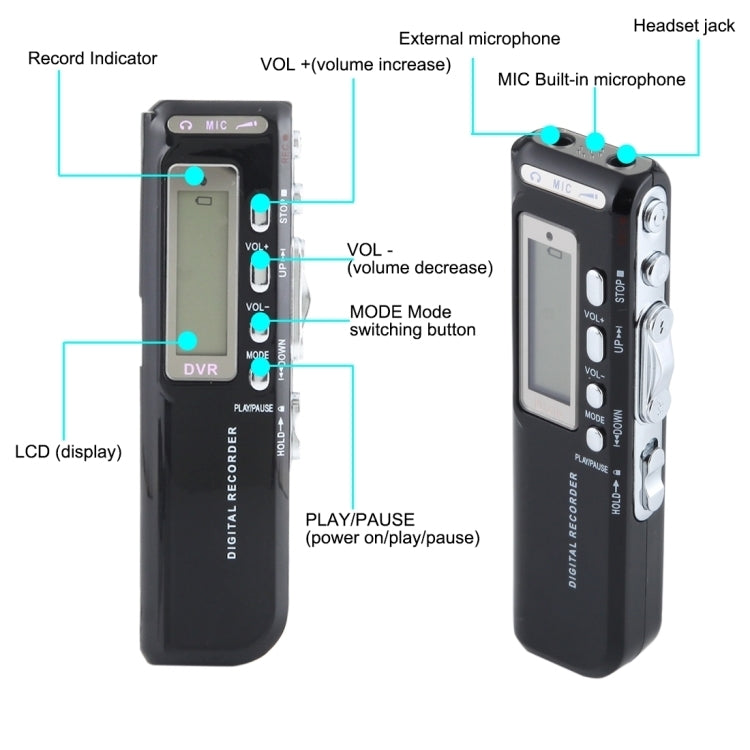 เครื่องบันทึกเสียงดิจิทัล 8GB เครื่องบันทึกเสียงโทรศัพท์ ฟังก์ชัน VOX ใช้แบตเตอรี่ AAA 2 ก้อน (สีดำ)