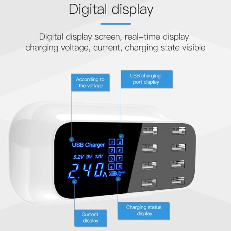 แท่นชาร์จ USB หลายฟังก์ชัน YC-CDA19A 8 พอร์ต 40W แสดงผลดิจิทัลอัจฉริยะ ชาร์จเร็ว ปลั๊ก UK, SAS1049A, SAS1049B, SAS1049C