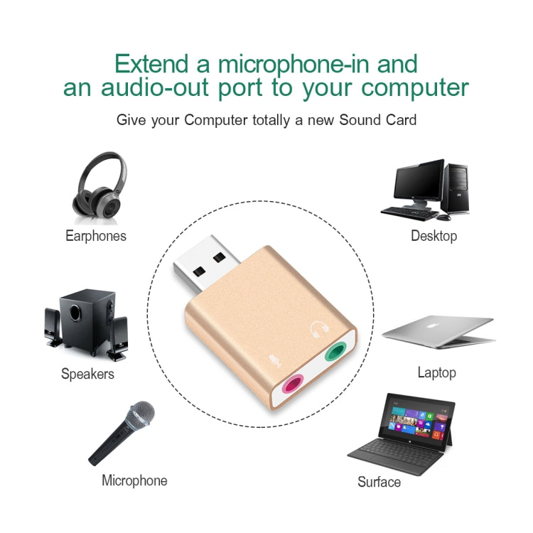 การ์ดเสียง USB ภายนอกเปลือกอลูมิเนียม แจ็ค 3.5 มม. เสียง HIFI เสียงเวทมนตร์ 7.1 แชนเนล อะแดปเตอร์พร้อมไดรเวอร์ฟรี สำหรับคอมพิวเตอร์, เดสก์ท็อป, ลำโพง, หูฟัง, ไมโครโฟน, อลูมิเนียม 7.1 แชนเนล สีทอง