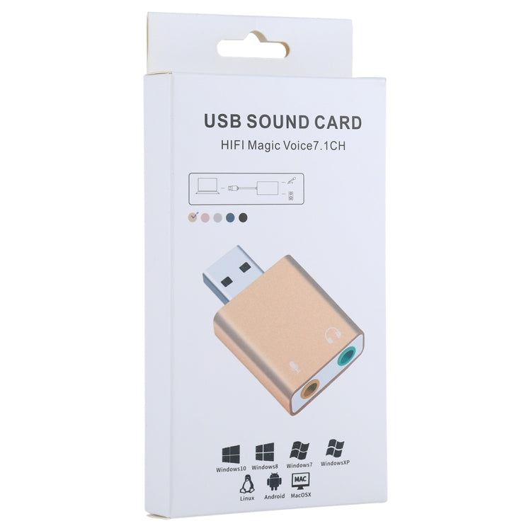 การ์ดเสียง USB ภายนอกเปลือกอลูมิเนียม แจ็ค 3.5 มม. เสียง HIFI เสียงเวทมนตร์ 7.1 แชนเนล อะแดปเตอร์พร้อมไดรเวอร์ฟรี สำหรับคอมพิวเตอร์, เดสก์ท็อป, ลำโพง, หูฟัง, ไมโครโฟน, อลูมิเนียม 7.1 แชนเนล สีทอง