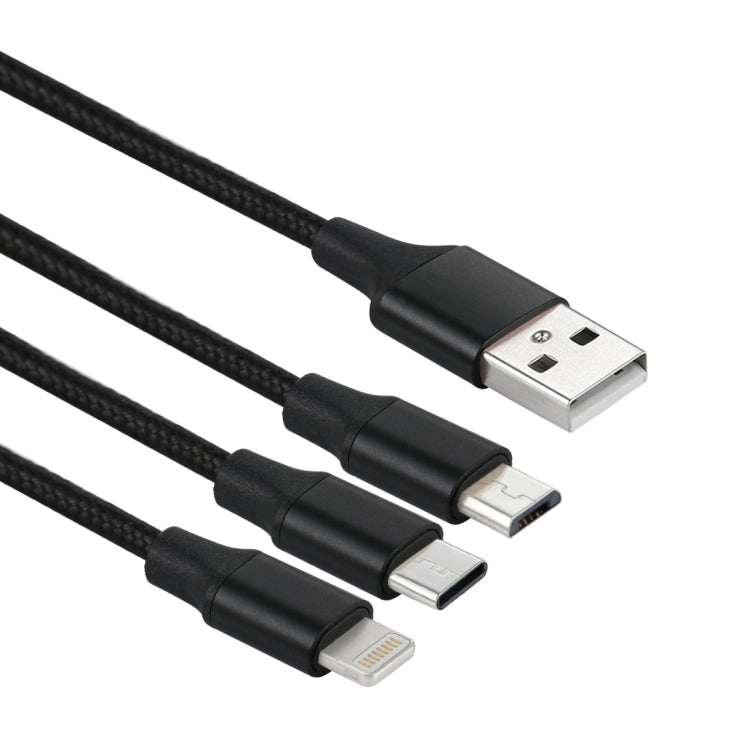 สายชาร์จถักไนลอน 3 in 1 USB ยาว 1.2 เมตร เป็น 8 Pin & USB-C / Type-C & Micro USB
