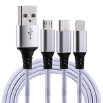 สายชาร์จถักไนลอน 3 in 1 USB ยาว 1.2 เมตร เป็น 8 Pin & USB-C / Type-C & Micro USB