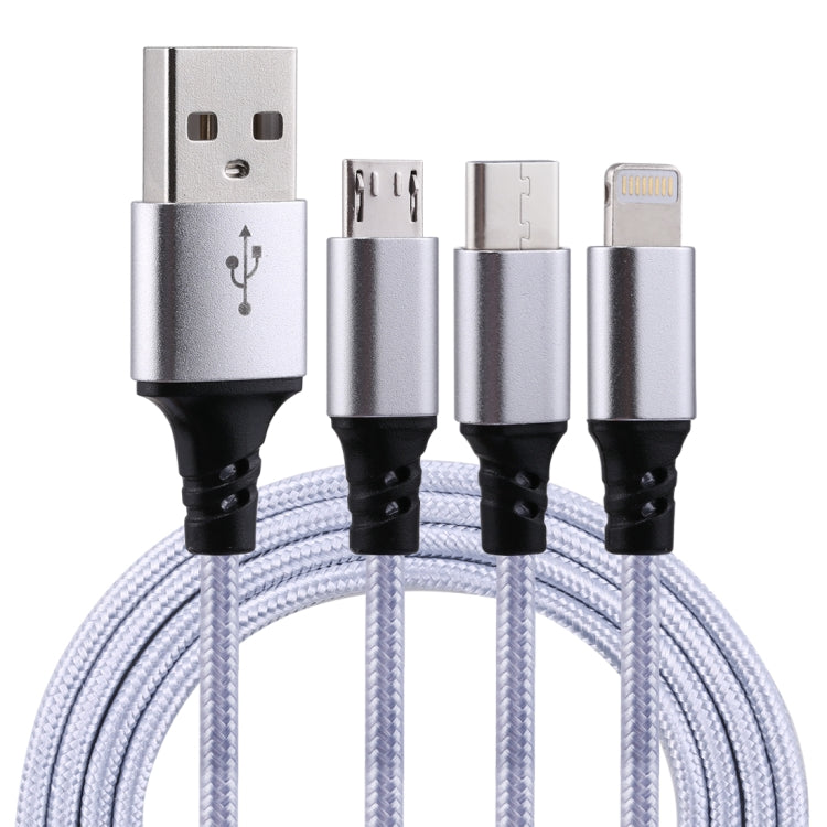 สายชาร์จถักไนลอน 3 in 1 USB ยาว 1.2 เมตร เป็น 8 Pin & USB-C / Type-C & Micro USB
